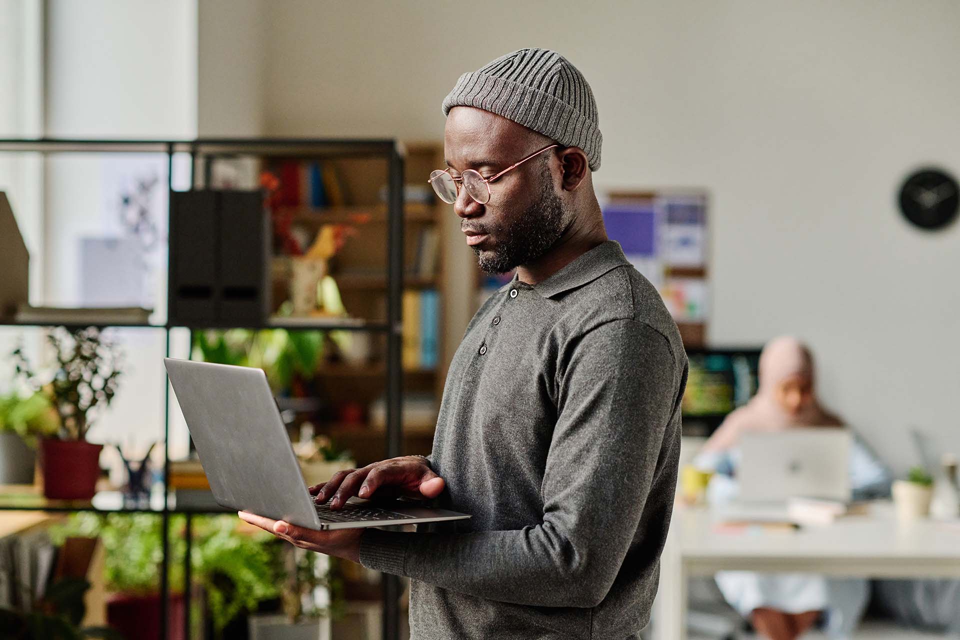 Small business man using wireless internet 
